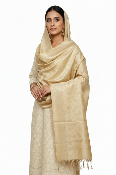 Cream Beige Banarasi Silk Dupatta | Art Silk Jacquard Woven | Classic Ethnic Wear