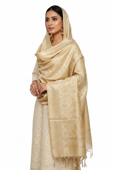 Cream Beige Banarasi Silk Dupatta | Art Silk Jacquard Woven | Classic Ethnic Wear