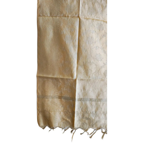Close-up of Cream Beige Banarasi Silk Dupatta — self-tone zari buti floral weave texture