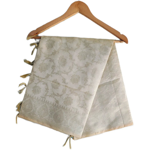 Off-White Banarasi Art Silk Dupatta — Jacquard woven with gold-green zari floral vine motifs