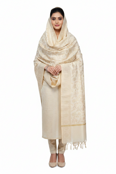 Off-White Banarasi Silk Dupatta | Art Silk Jacquard Woven | Serene Bridal Wear