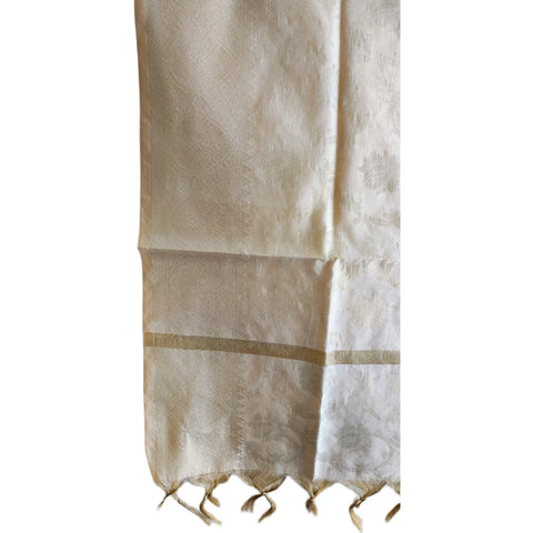Close-up of Off-White Banarasi Silk Dupatta — gold-green zari floral vine weave texture