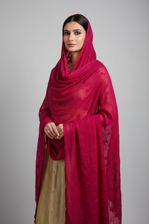 India Scarves Embroidered Dupatta, Pink, Floral Pattern, Chiffon Fabric, Traditional Indian Style Dupatta