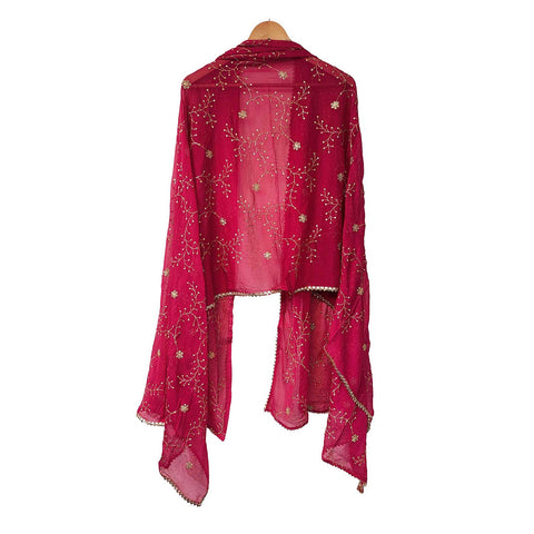 India Scarves Embroidered Dupatta, Pink, Floral Pattern, Chiffon Fabric, Traditional Indian Style Dupatta