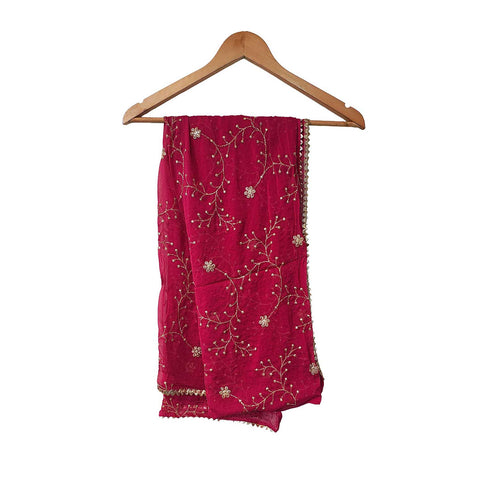 India Scarves Embroidered Dupatta, Pink, Floral Pattern, Chiffon Fabric, Traditional Indian Style Dupatta
