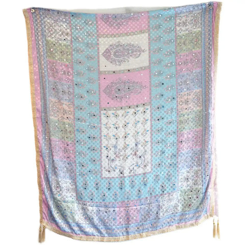 Pakistani Folk Art Digital Print Dupatta, White Pastel Multicolour, Floral Mirror Work with Gold Tassels