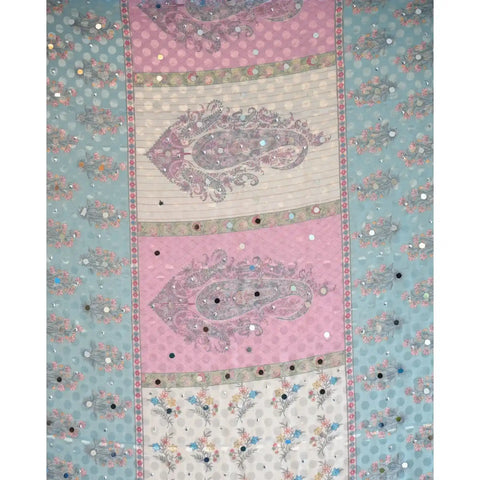 Pakistani Folk Art Digital Print Dupatta, White Pastel Multicolour, Floral Mirror Work with Gold Tassels