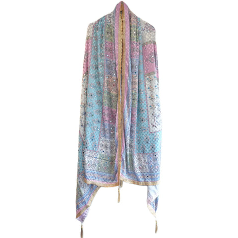 Pakistani Folk Art Digital Print Dupatta, White Pastel Multicolour, Floral Mirror Work with Gold Tassels