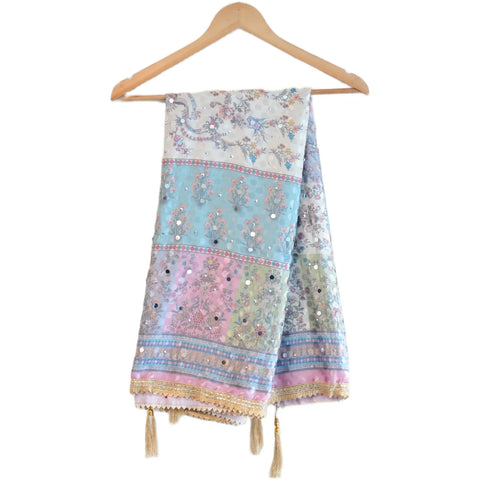 Pakistani Folk Art Digital Print Dupatta, White Pastel Multicolour, Floral Mirror Work with Gold Tassels