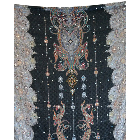 Pakistani Folk Art Digital Print Dupatta, Black Charcoal, Paisley Botanical Mirror Work with Gold Tassels