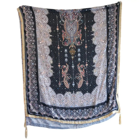 Pakistani Folk Art Digital Print Dupatta, Black Charcoal, Paisley Botanical Mirror Work with Gold Tassels