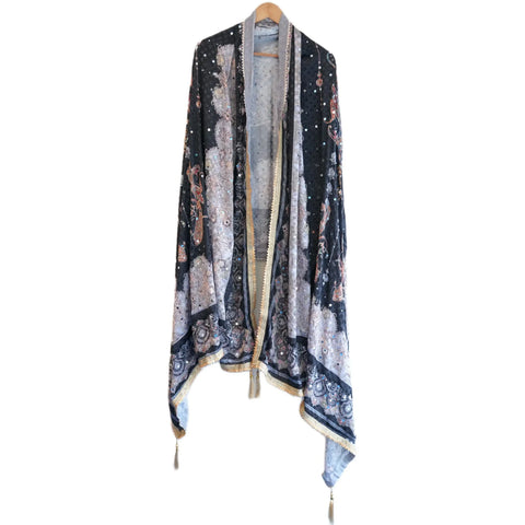 Pakistani Folk Art Digital Print Dupatta, Black Charcoal, Paisley Botanical Mirror Work with Gold Tassels