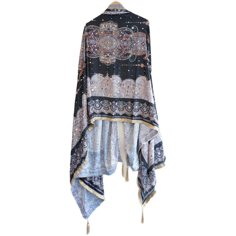 Pakistani Folk Art Digital Print Dupatta, Black Charcoal, Paisley Botanical Mirror Work with Gold Tassels