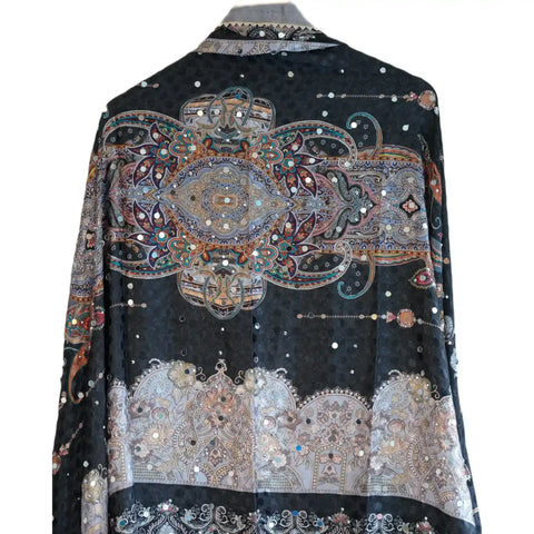 Pakistani Folk Art Digital Print Dupatta, Black Charcoal, Paisley Botanical Mirror Work with Gold Tassels