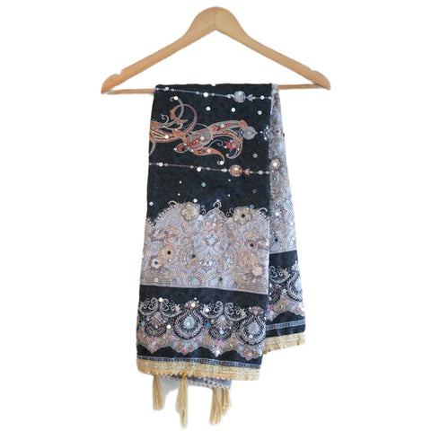 Pakistani Folk Art Digital Print Dupatta, Black Charcoal, Paisley Botanical Mirror Work with Gold Tassels