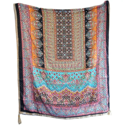 Pakistani Folk Art Digital Print Dupatta, Black Orange Multicolour, Floral Arch Mirror Work with Gold Tassels