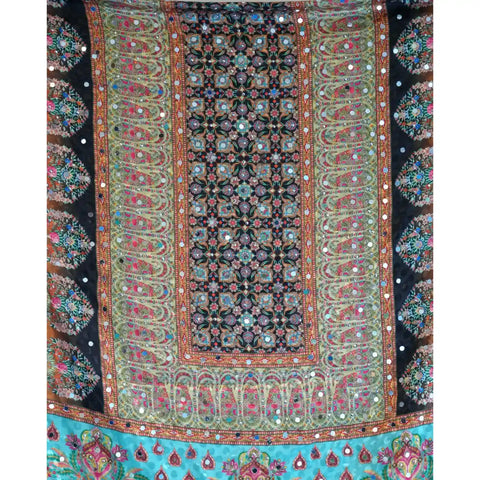Pakistani Folk Art Digital Print Dupatta, Black Orange Multicolour, Floral Arch Mirror Work with Gold Tassels