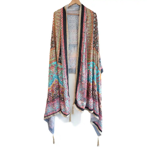Pakistani Folk Art Digital Print Dupatta, Black Orange Multicolour, Floral Arch Mirror Work with Gold Tassels