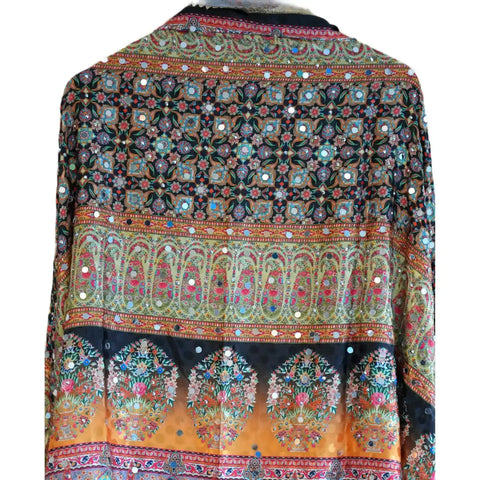 Pakistani Folk Art Digital Print Dupatta, Black Orange Multicolour, Floral Arch Mirror Work with Gold Tassels