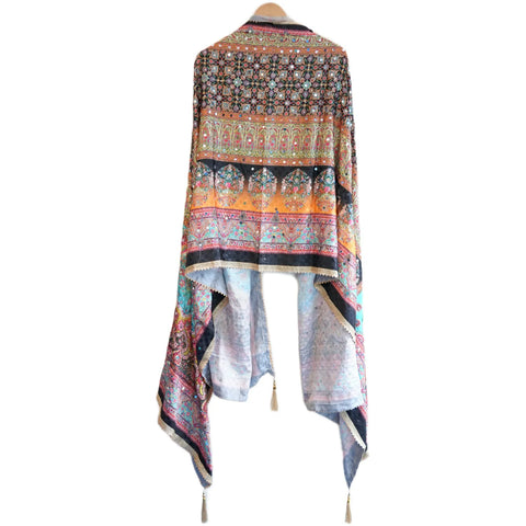 Pakistani Folk Art Digital Print Dupatta, Black Orange Multicolour, Floral Arch Mirror Work with Gold Tassels