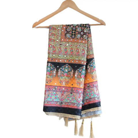 Pakistani Folk Art Digital Print Dupatta, Black Orange Multicolour, Floral Arch Mirror Work with Gold Tassels