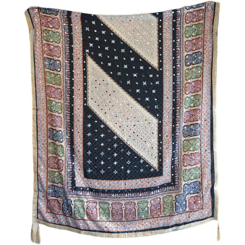 Pakistani Folk Art Digital Print Dupatta, Black Ivory, Mughal Tree of Life Mirror Work with Gold Tassels