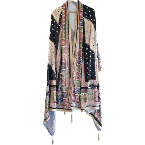 Pakistani Folk Art Digital Print Dupatta, Black Ivory, Mughal Tree of Life Mirror Work with Gold Tassels