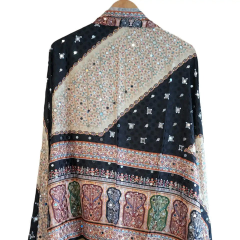 Pakistani Folk Art Digital Print Dupatta, Black Ivory, Mughal Tree of Life Mirror Work with Gold Tassels