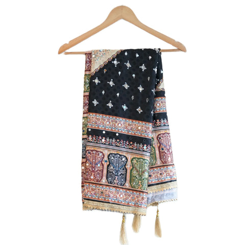 Pakistani Folk Art Digital Print Dupatta, Black Ivory, Mughal Tree of Life Mirror Work with Gold Tassels