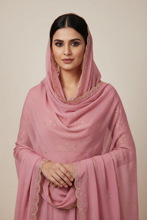 India Scarves Embroidered Dupatta, baby Pink, Floral Pattern, Chiffon Fabric, Traditional Indian Style Dupatta