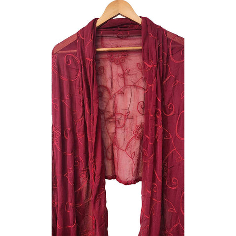 India Scarves Embroidered Floral Shawl Scarf, Burgundy Red, Sheer Fabric, Open Front Wrap