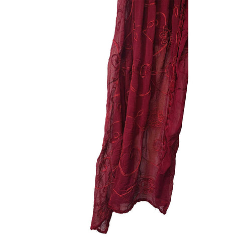 India Scarves Embroidered Floral Shawl Scarf, Burgundy Red, Sheer Fabric, Open Front Wrap