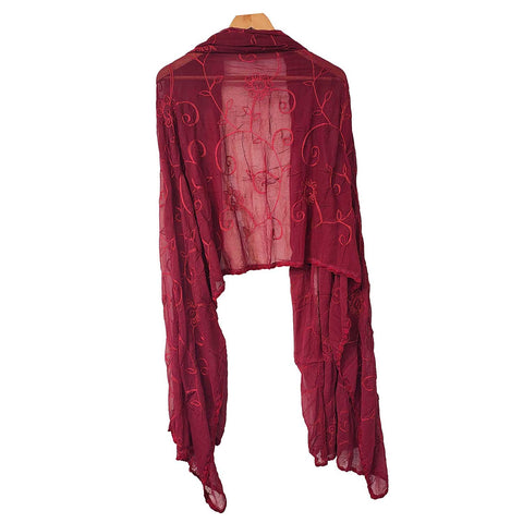 India Scarves Embroidered Floral Shawl Scarf, Burgundy Red, Sheer Fabric, Open Front Wrap