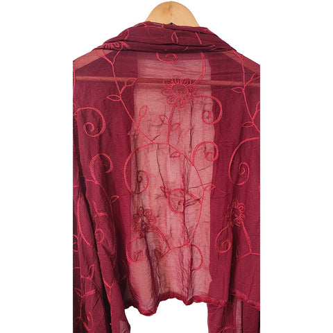 India Scarves Embroidered Floral Shawl Scarf, Burgundy Red, Sheer Fabric, Open Front Wrap