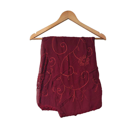 India Scarves Embroidered Floral Shawl Scarf, Burgundy Red, Sheer Fabric, Open Front Wrap