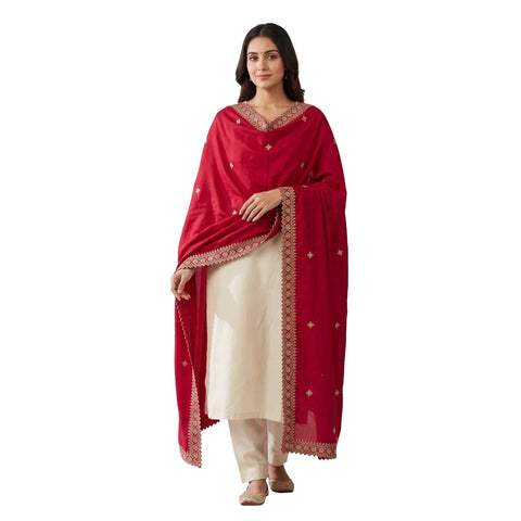 Crimson Red velvet zari embroidered dupatta draped, full view