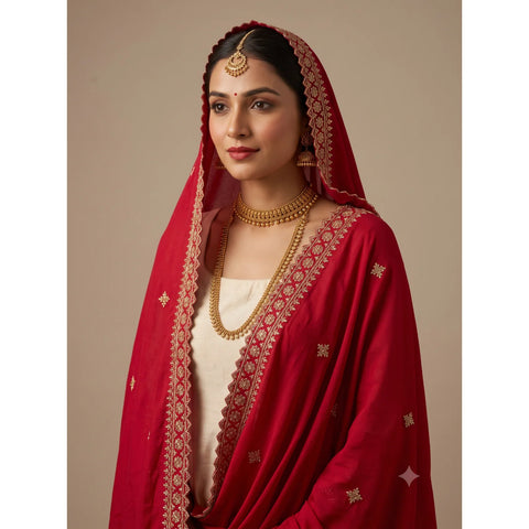 Crimson Red velvet dupatta scalloped border and zari embroidery close-up