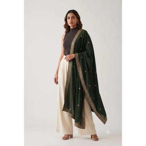 Bottle Green velvet zari embroidered dupatta draped, full view