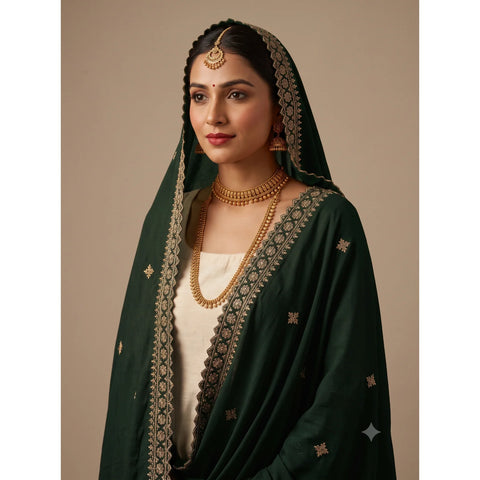 Bottle Green velvet dupatta worn, close drape view