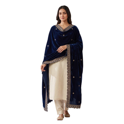 Navy Blue velvet zari embroidered dupatta draped, full view