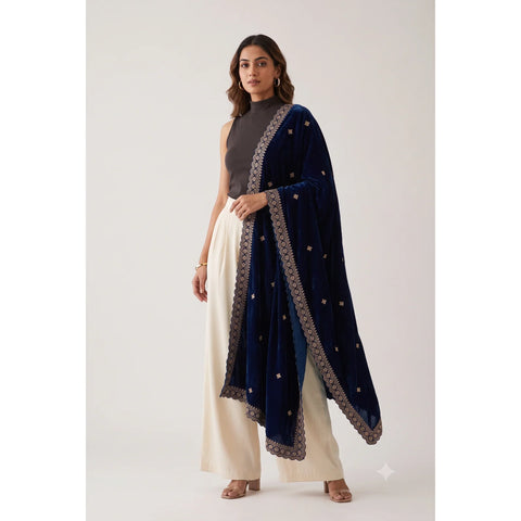 Navy Blue velvet dupatta worn, close drape view