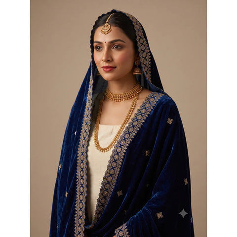Navy Blue velvet dupatta scalloped border and zari embroidery close-up