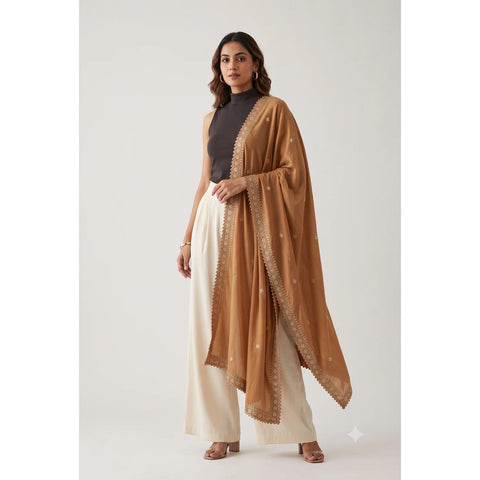Camel Brown velvet zari embroidered dupatta draped, full view