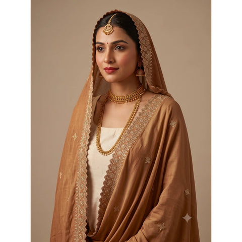 Camel Brown velvet dupatta scalloped border and zari embroidery close-up