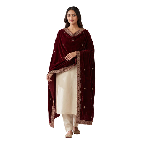 Maroon velvet zari embroidered dupatta draped, full view