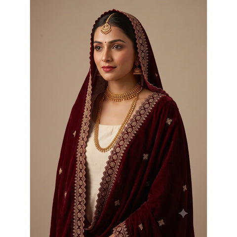 Maroon velvet dupatta scalloped border and zari embroidery close-up