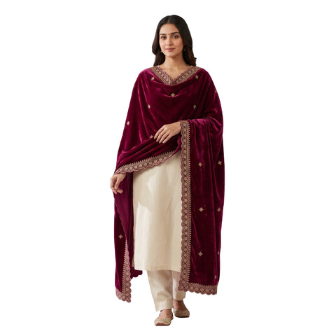 Wine Magenta velvet zari embroidered dupatta draped, full view