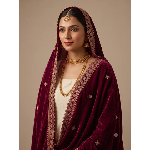 Wine Magenta velvet dupatta scalloped border and zari embroidery close-up