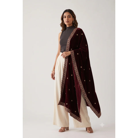 Dark Maroon velvet zari embroidered dupatta draped, full view