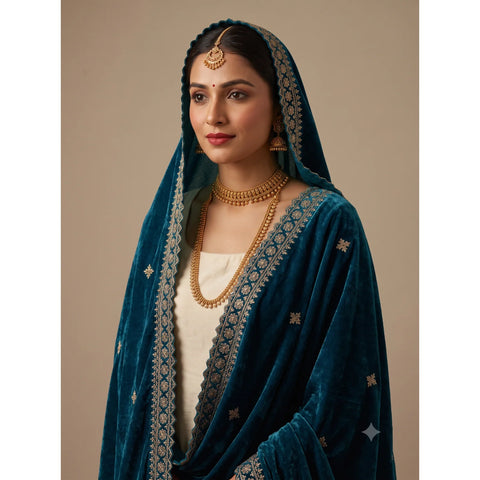 Teal Blue velvet zari embroidered dupatta draped, full view
